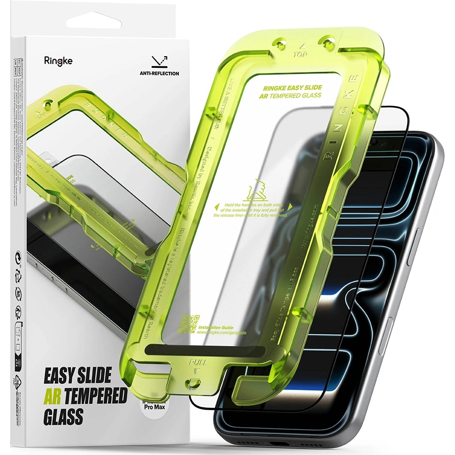 Gehärtetes Antireflexglas mit Applikator für iPhone 17 Pro Max, Ringke Easy Slide AR, 1 Stück, schwarzer Rahmen
