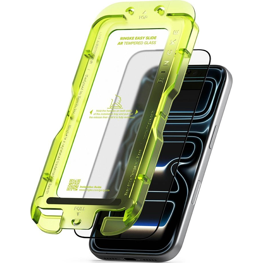 Gehärtetes Antireflexglas mit Applikator für iPhone 17 Pro Max, Ringke Easy Slide AR, 1 Stück, schwarzer Rahmen