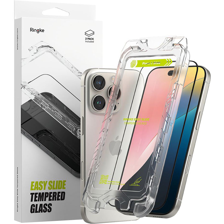 Gehärtetes Bildschirmglas mit Applikator für iPhone 16 Pro, Ringke Easy Slide, Schwarzer Rahmen, 2 Stück