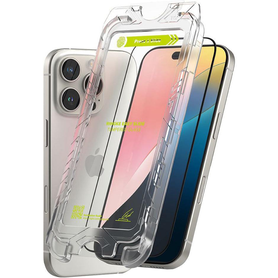 Gehärtetes Bildschirmglas mit Applikator für iPhone 16 Pro, Ringke Easy Slide, Schwarzer Rahmen, 2 Stück