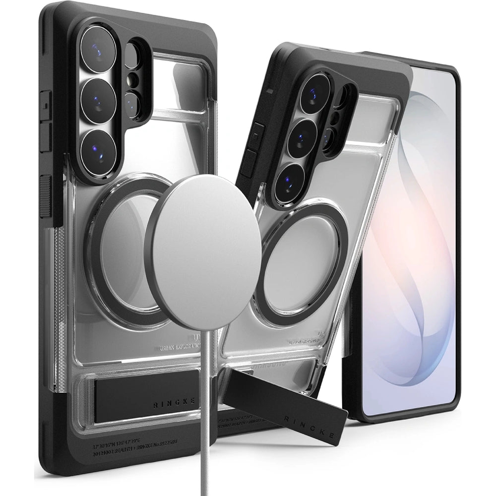 Handyhülle mit Ständer für MagSafe für Galaxy S26 Ultra, Ringke UX Magnetic, Transparent-Schwarz