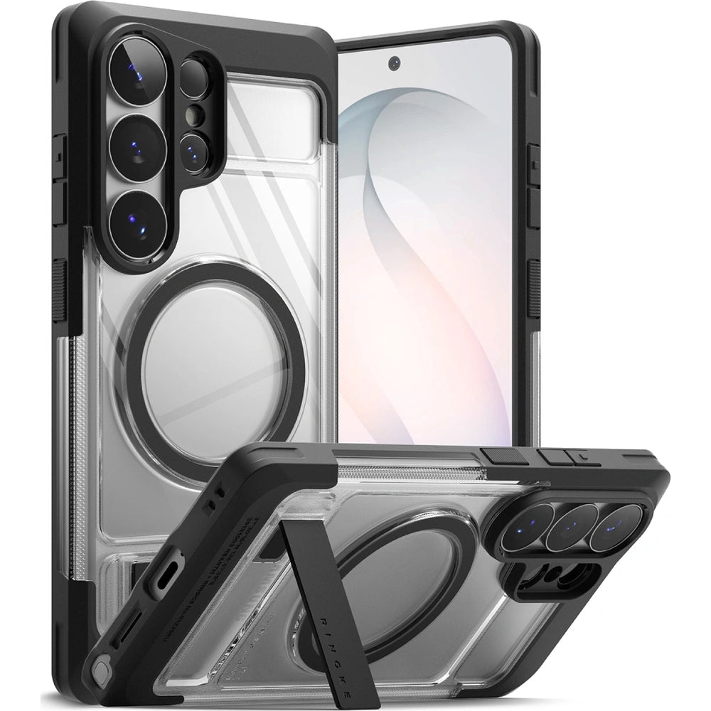 Handyhülle mit Ständer für MagSafe für Galaxy S26 Ultra, Ringke UX Magnetic, Transparent-Schwarz