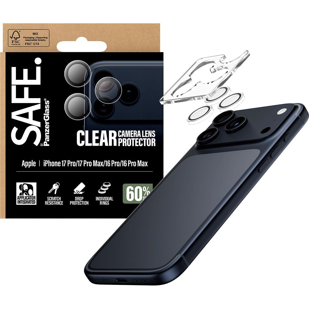 Gehärtetes Glas mit Applikator für iPhone 17 Pro Max / 17 Pro / 16 Pro Max / 16 Pro, SAFE by PanzerGlass Camera Lens Protector, Transparent
