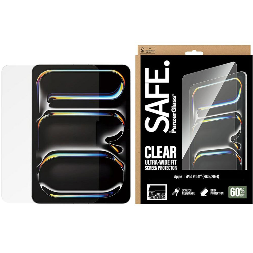 Gehärtetes Glas mit Applikator für iPad Pro 11" 2025 / 2024, SAFE by PanzerGlass Clear Ultra-Wide Fit FastFit