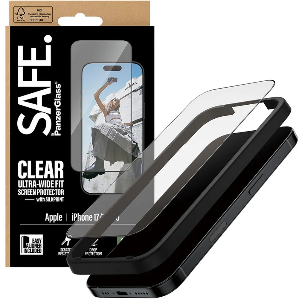 Gehärtetes Glas mit Applikator für iPhone 17 / 16 Pro, SAFE by PanzerGlass Ultra-Wide Fit Easy Aligner, Transparent mit Schwarzem Rahmen