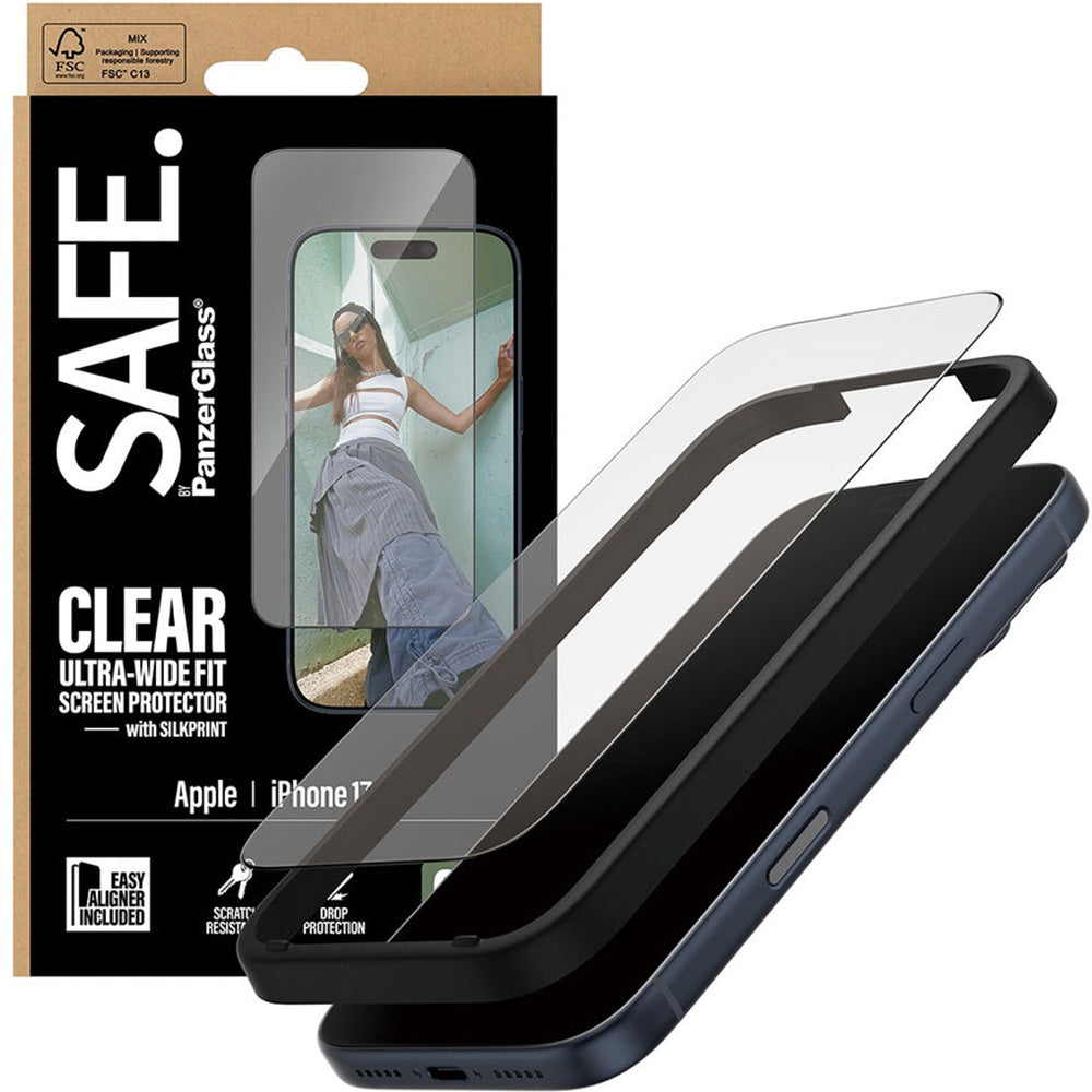 Gehärtetes Glas mit Applikator für iPhone 17 Pro, SAFE by PanzerGlass Ultra-Wide Fit Easy Aligner, Transparent mit Schwarzem Rahmen