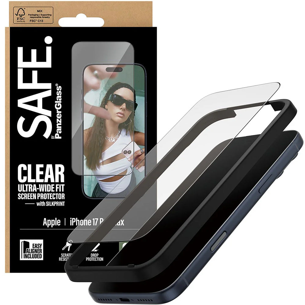 Gehärtetes Glas mit Applikator für iPhone 17 Pro Max, SAFE by PanzerGlass Ultra-Wide Fit Easy Aligner, Transparent mit Schwarzem Rahmen