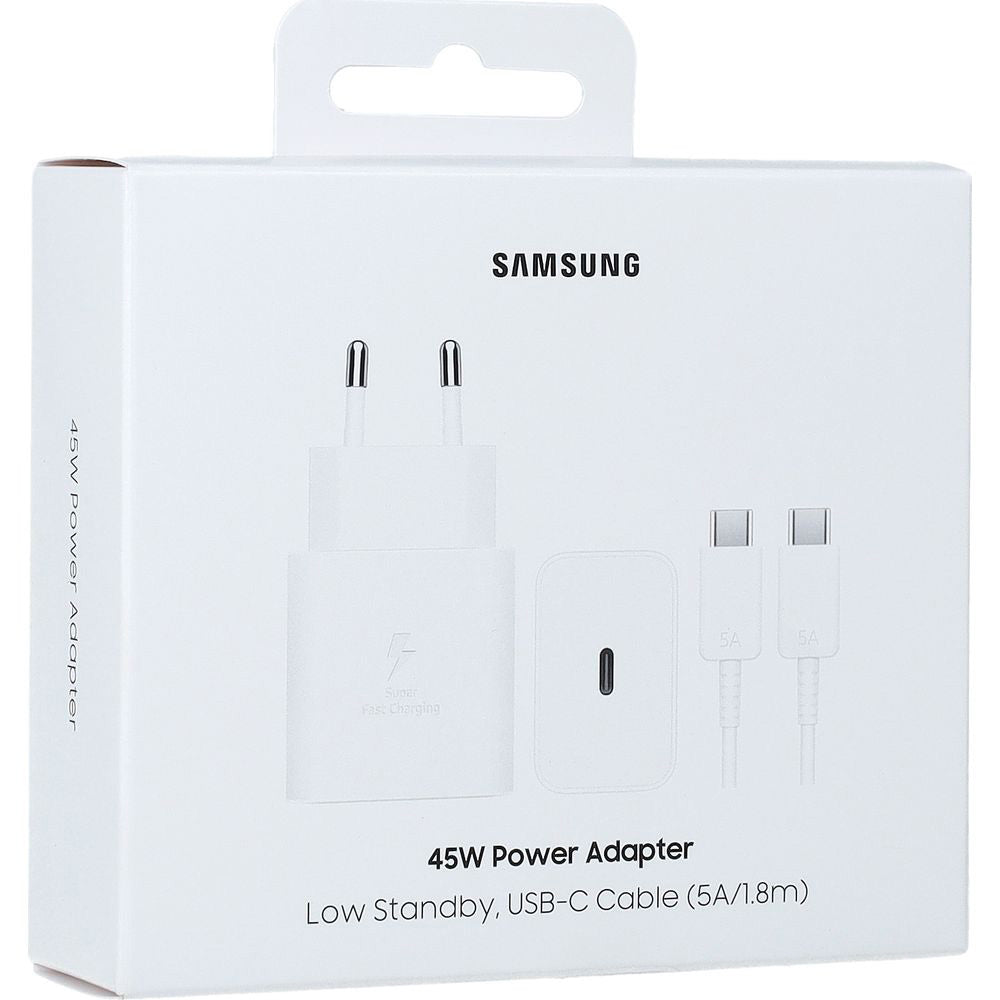 Wandladegerät GaN USB-C 45W, PD, PPS, mit USB-C-Kabel 1,8 m, Samsung Power Adapter, Weiß