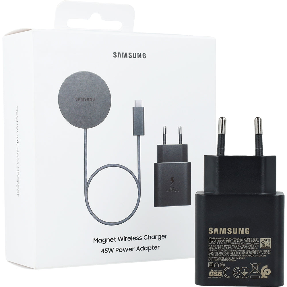 Induktionsladegerät mit Qi2.2 25W + Netzladegerät 45W, Samsung Magnet Wireless Charger, für MagSafe / MPP, USB-C Nylonkabel, Schwarz