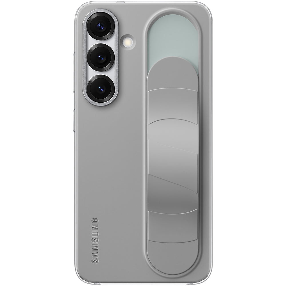 Samsung Galaxy S25 Silikon Handyhülle mit Standing Grip, grau, Original Samsung Produkt für sicheren Halt und elegantes Design.