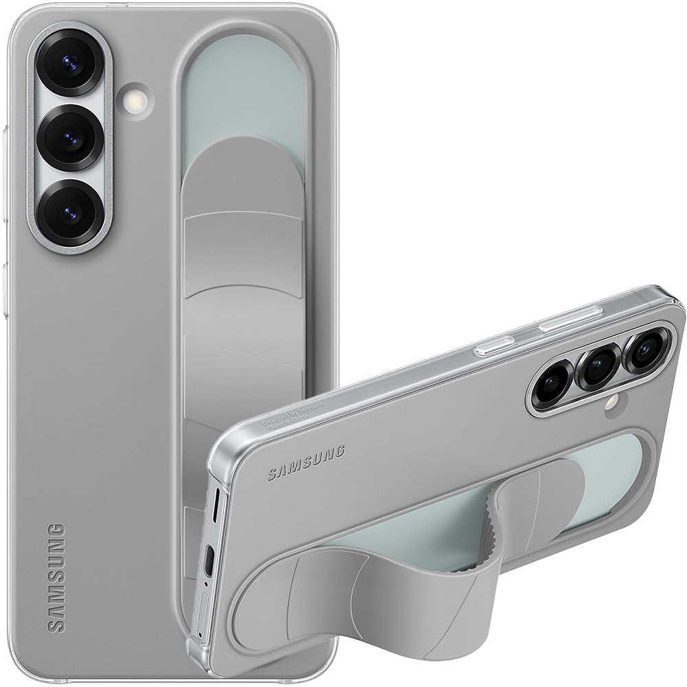 Grau Samsung Silicone Standing Grip Case für Galaxy S25 mit integriertem Riemen, elegantes Design, hochwertige Silikonhülle.