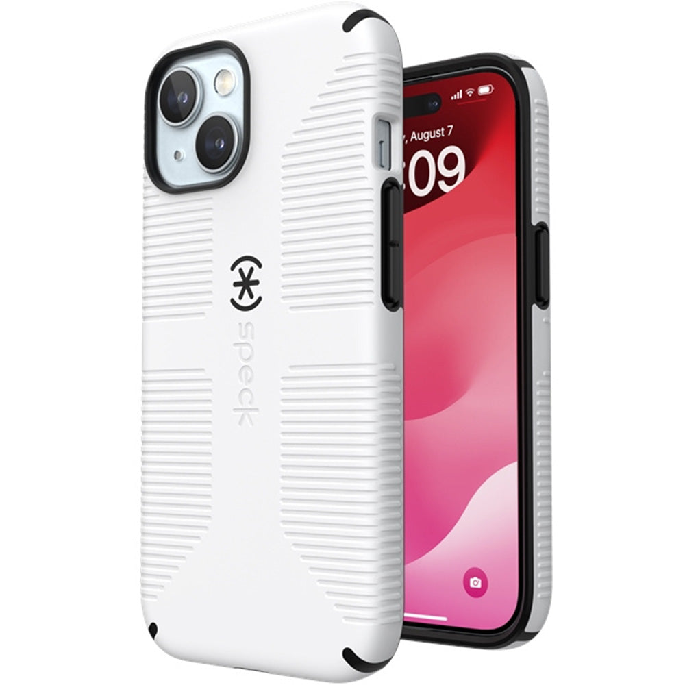 Handyhülle für iPhone 17e / 16e / 15 / 14 / 13, Speck Candyshell Grip mit MagSafe, Weiß-Schwarz