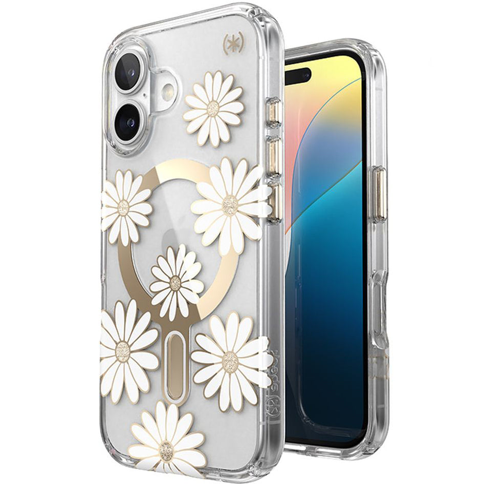 Handyhülle für iPhone 16, Speck Presidio Lux ClickLock & MagSafe, Transparent mit weißen und goldenen Elementen