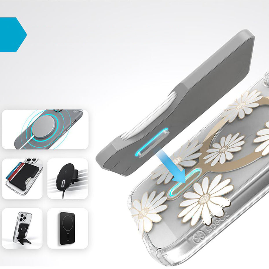 Handyhülle für iPhone 16, Speck Presidio Lux ClickLock & MagSafe, Transparent mit weißen und goldenen Elementen