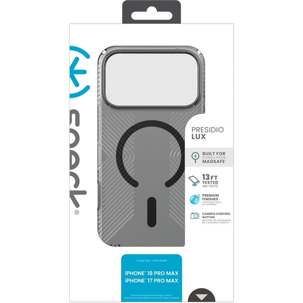Handyhülle für iPhone 18 Pro Max / 17 Pro Max, Speck Presidio Lux Grip mit MagSafe, Graphit-Rauchfarben (10/10)