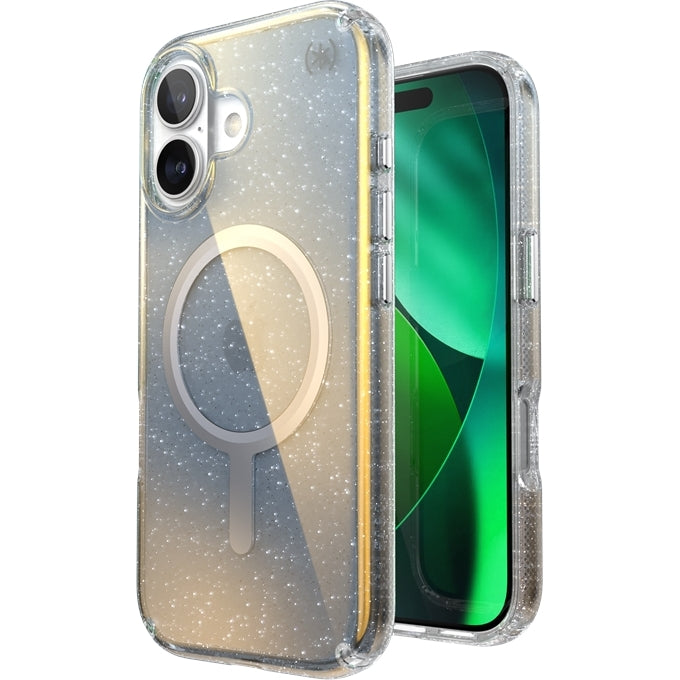 Handyhülle für iPhone 17, Speck Presidio Lux MagSafe, Blau mit Glitzer