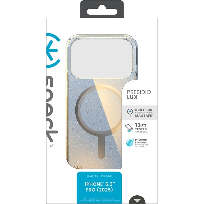 Handyhülle für iPhone 18 Pro / 17 Pro, Speck Presidio Lux MagSafe, Blau mit Glitzer