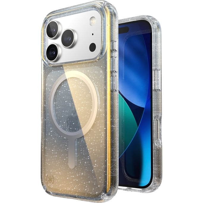 Handyhülle für iPhone 18 Pro / 17 Pro, Speck Presidio Lux MagSafe, Blau mit Glitzer