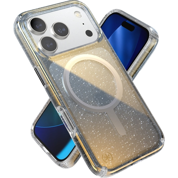 Handyhülle für iPhone 18 Pro / 17 Pro, Speck Presidio Lux MagSafe, Blau mit Glitzer