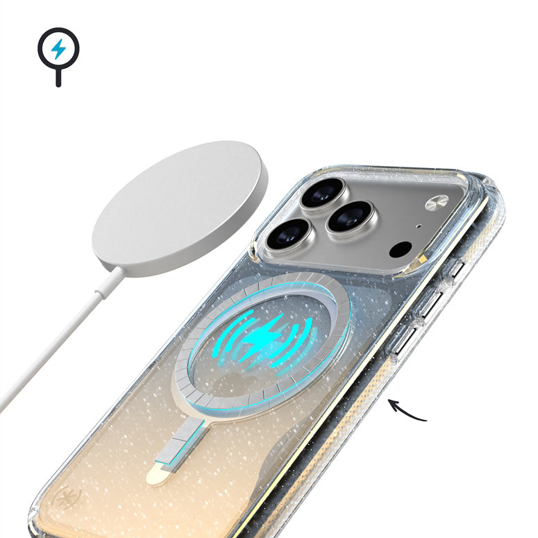 Handyhülle für iPhone 18 Pro / 17 Pro, Speck Presidio Lux MagSafe, Blau mit Glitzer