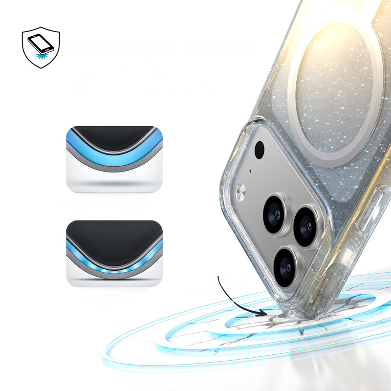 Handyhülle für iPhone 18 Pro / 17 Pro, Speck Presidio Lux MagSafe, Blau mit Glitzer