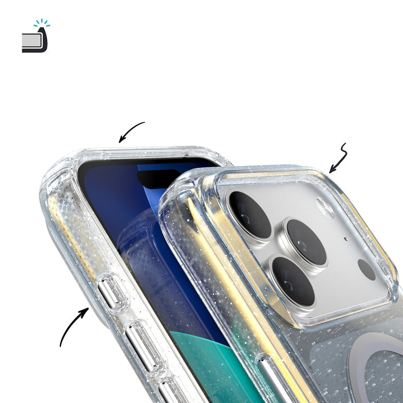Handyhülle für iPhone 18 Pro / 17 Pro, Speck Presidio Lux MagSafe, Blau mit Glitzer