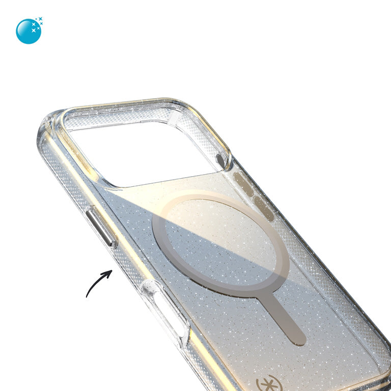 Handyhülle für iPhone 18 Pro / 17 Pro, Speck Presidio Lux MagSafe, Blau mit Glitzer