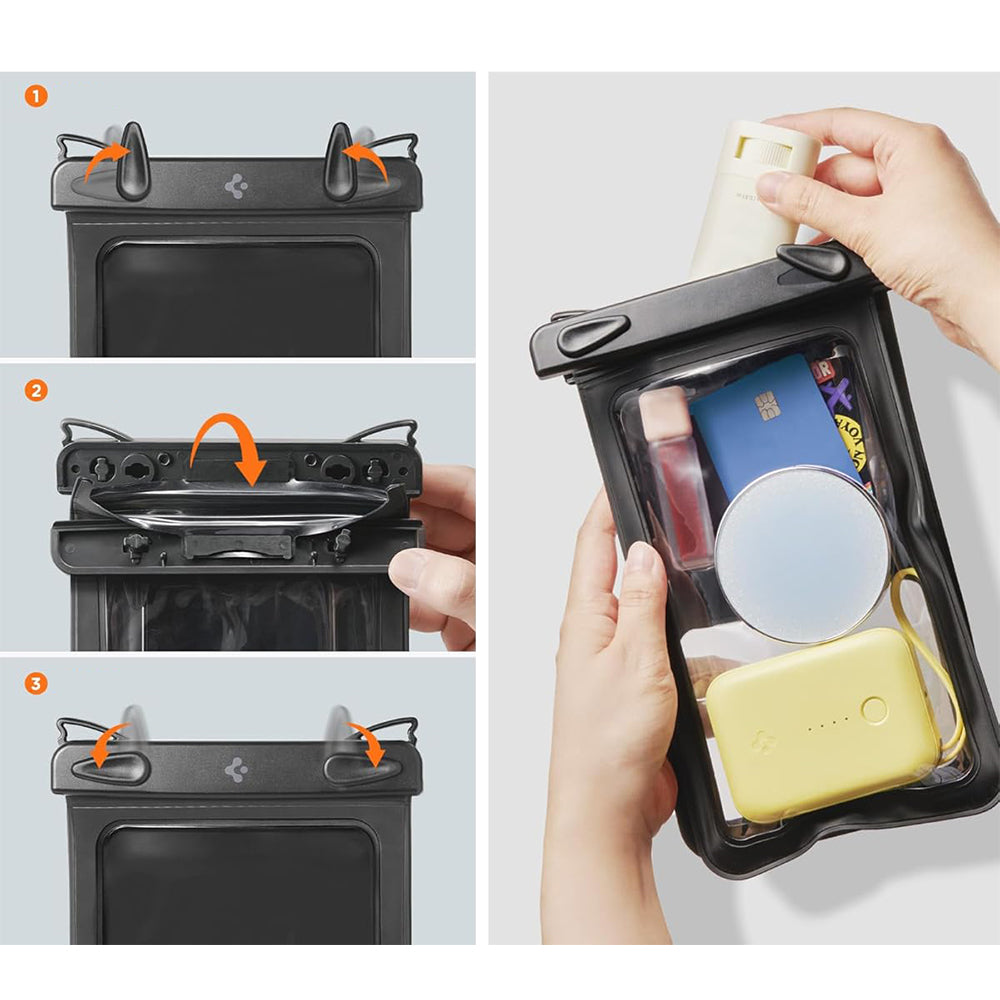 Wasserdichte Hülle Spigen A603 Universal Waterproof Case IPX8 mit separatem Fach für Gegenstände, Schwarz-Matt