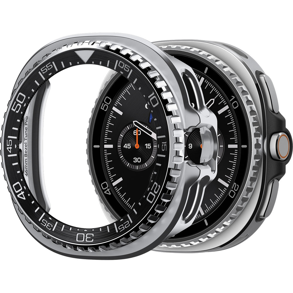 Hülle mit Lünette Ring für Galaxy Watch 8 Classic 46 mm, Spigen Bezel Tune Pro, Schwarz-Silbern