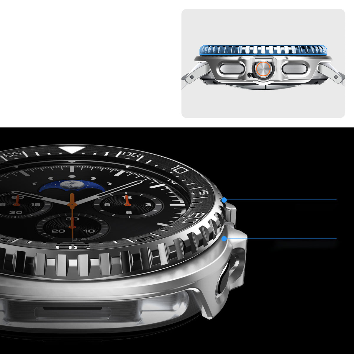 Hülle mit Lünette Ring für Galaxy Watch 8 Classic 46 mm, Spigen Bezel Tune Pro, Schwarz-Silbern