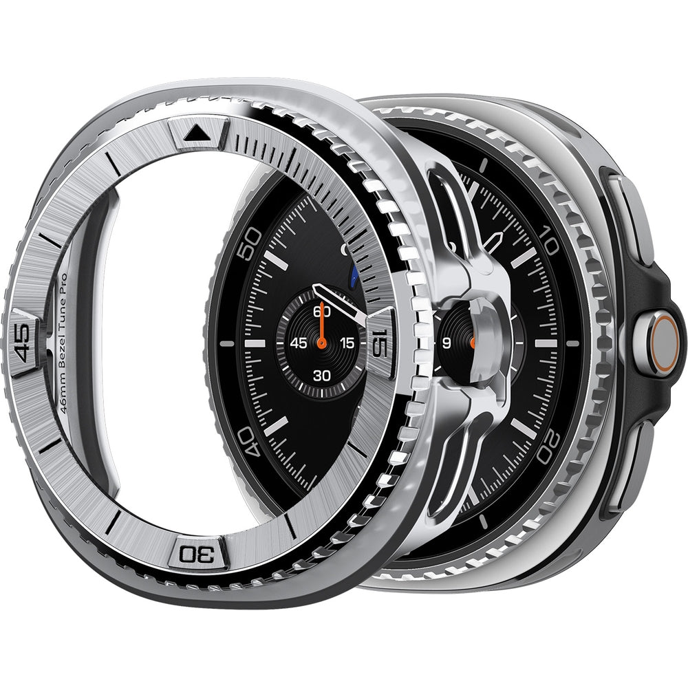 Hülle mit Lünette Ring für Galaxy Watch 8 Classic 46 mm, Spigen Bezel Tune Pro, Silbern