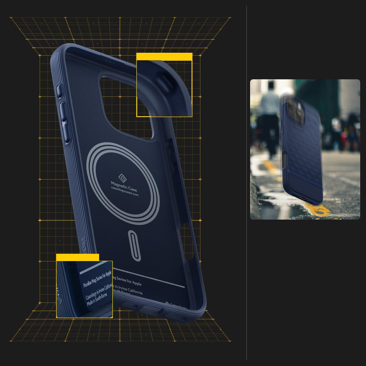 Handyhülle für iPhone 16 Pro, Spigen Caseology Parallax Mag mit MagSafe, Dunkelblau