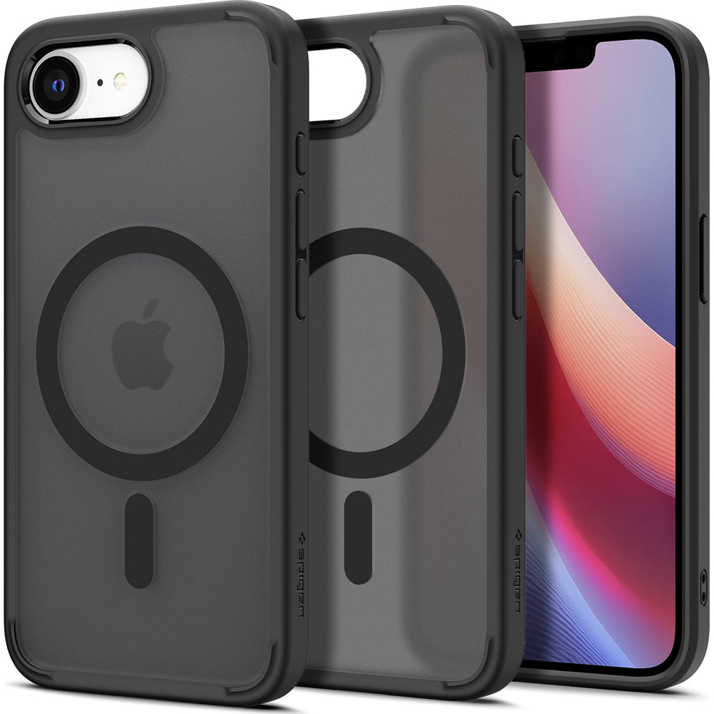Handyhülle für iPhone 17e / 16e, Spigen Crystal Hybrid Mag mit MagSafe, Grau-Schwarz