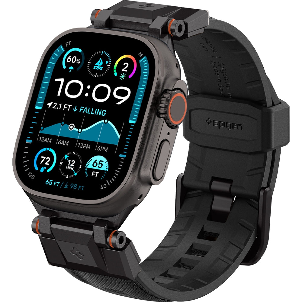 Schwarzes Spigen DuraPro Armor Armband an Apple Watch, passend für 49-42 mm Modelle, robustes TPU und Nylon Design mit Metallelementen.