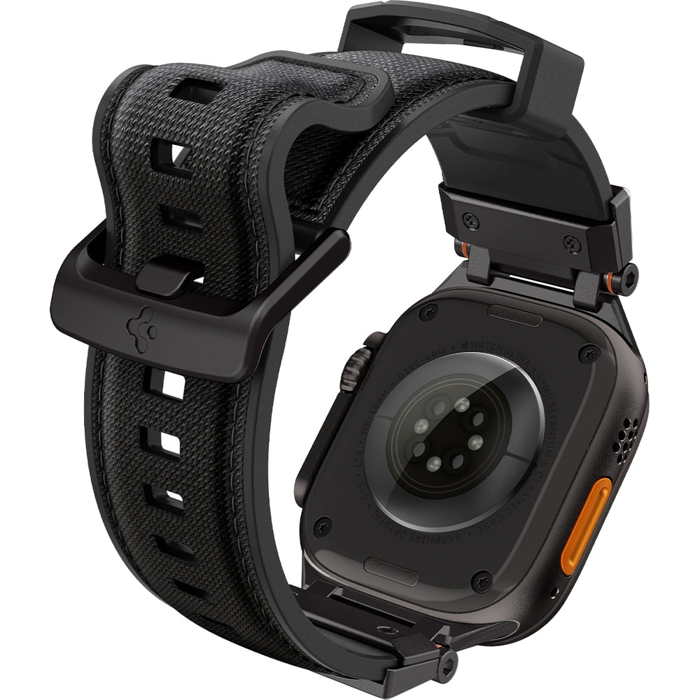 Armband Spigen DuraPro Armor für Apple Watch, Schwarz, aus TPU und Nylon, robuste Schließe, kompatibel mit 49/46/45/44 mm Modellen.