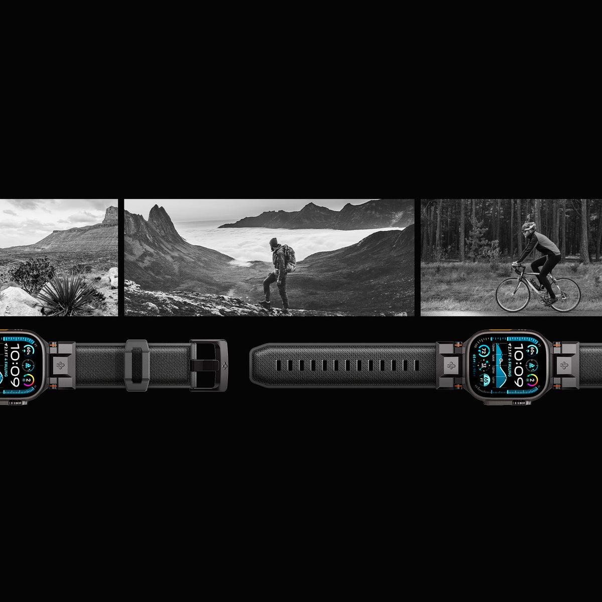 Schwarzes Spigen DuraPro Armor Armband für Apple Watch, kombiniert mit Outdoor-Aktivitäten wie Wandern und Radfahren, dargestellt auf einem Bild.