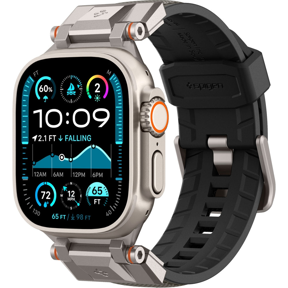 Graues Spigen DuraPro Armor Armband am Apple Watch 49/46/45/44 mm, TPU und Nylon, Hybrid-Smartwatch-Armband mit Metallverbindungen.
