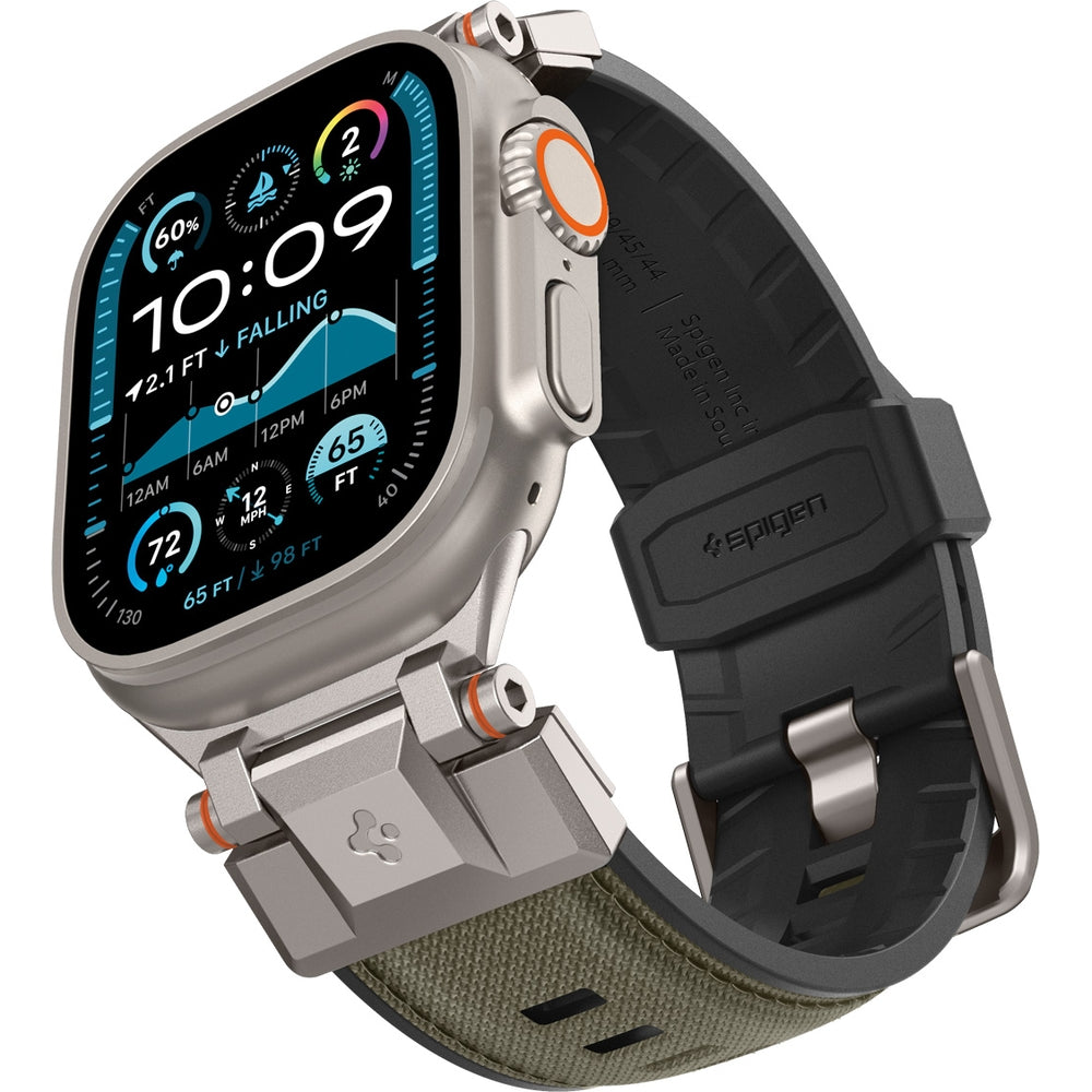 Grünes Spigen DuraPro Armor Armband für Apple Watch, aus strapazierfähigem TPU und Nylon, mit Metallverschlüssen.