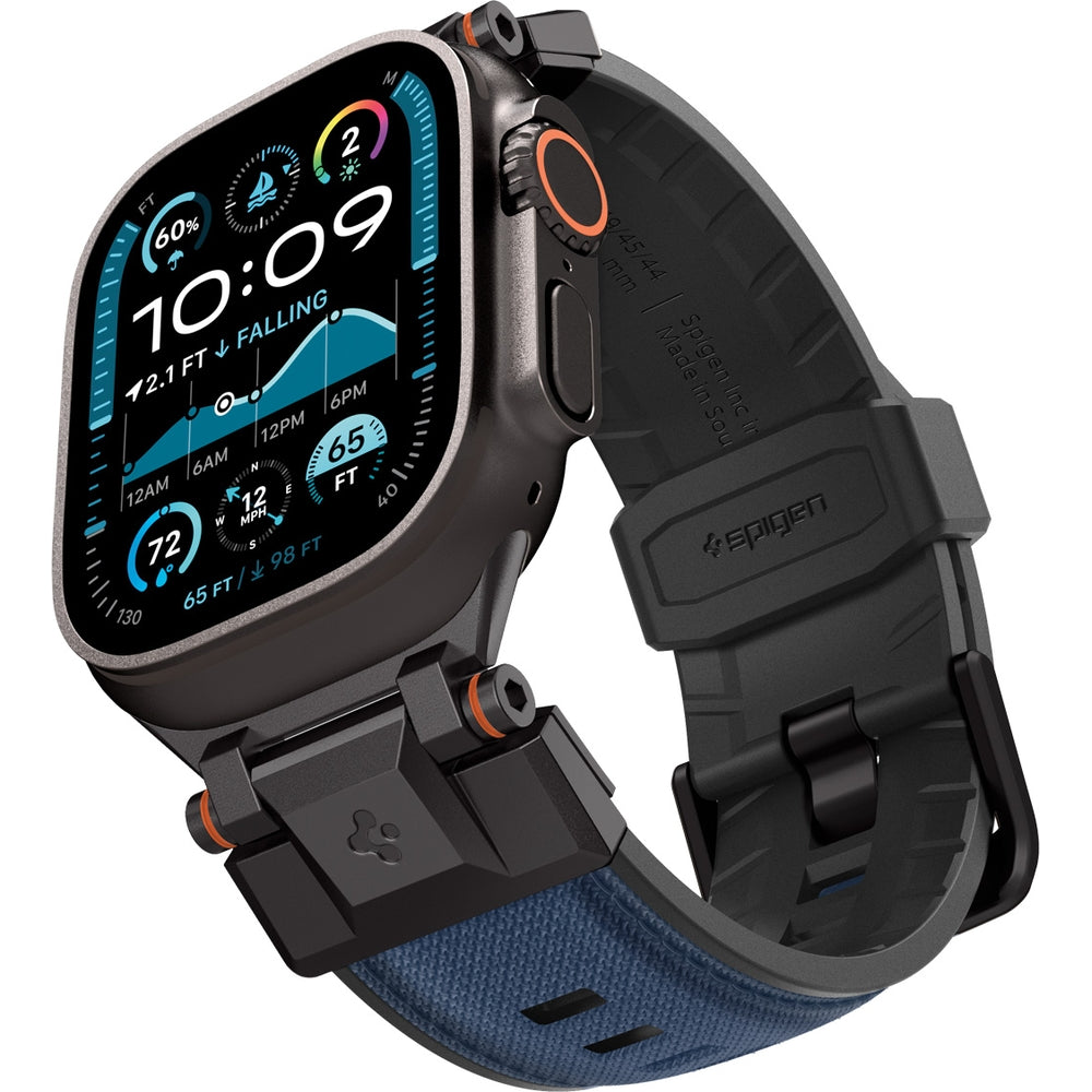 Blaues Spigen DuraPro Armor Armband für Apple Watch 49/46/45/44 mm, aus TPU und Nylon, mit Metallverbindungen und Schließe.