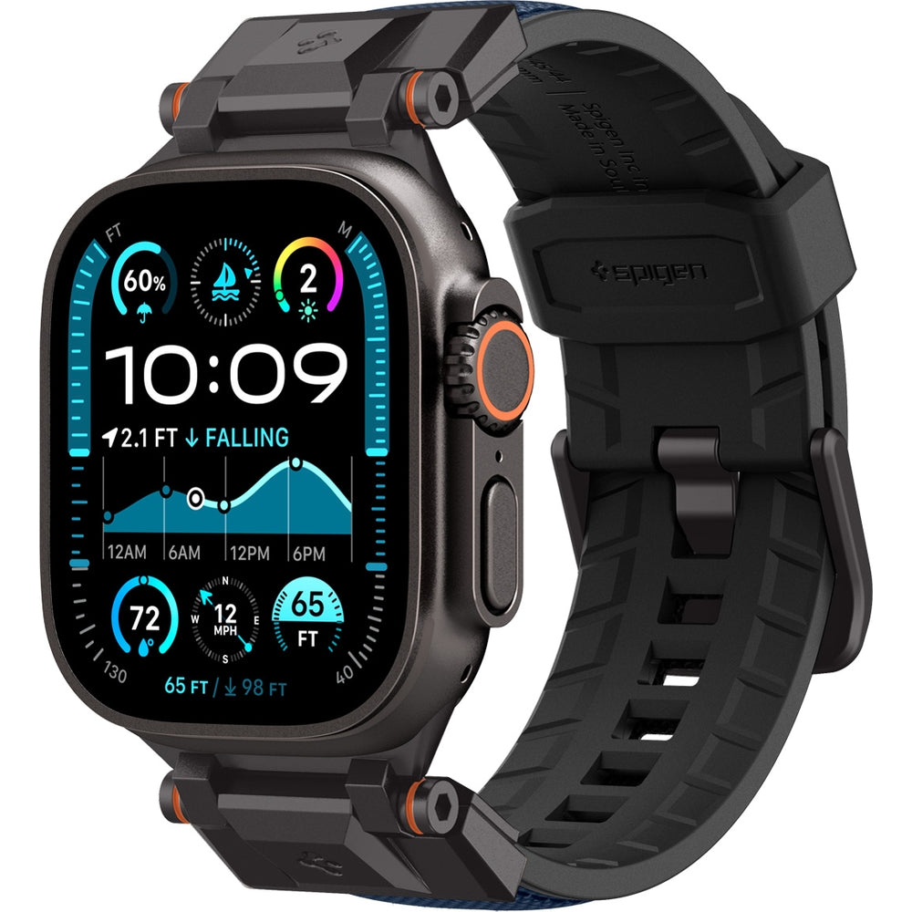 Spigen DuraPro Armor Armband in Blau für Apple Watch 49/46/45/44 mm, aus TPU und Nylon mit Metallverbindungen, robustes Design.