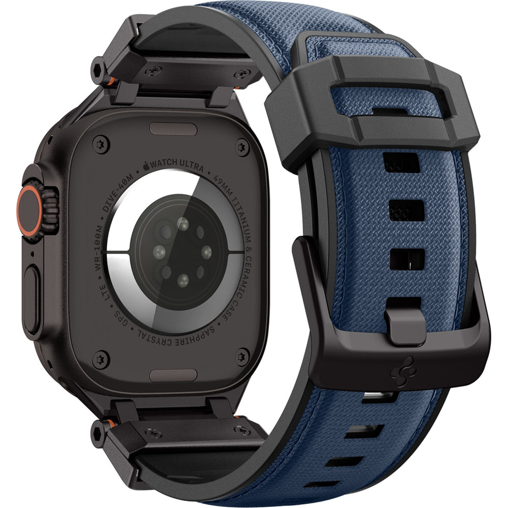 Spigen DuraPro Armor Armband in Blau für Apple Watch Modelle, langlebiges TPU-Nylon Design mit Metallverbindungen, Rückansicht.