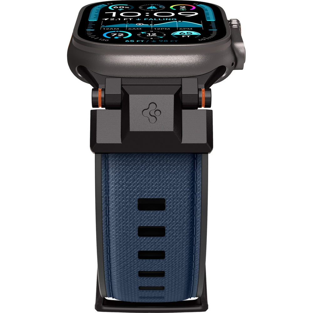 Spigen DuraPro Armor blaues Armband für Apple Watch Modelle, TPU und Nylon, robuster Look, von vorne abgebildet.