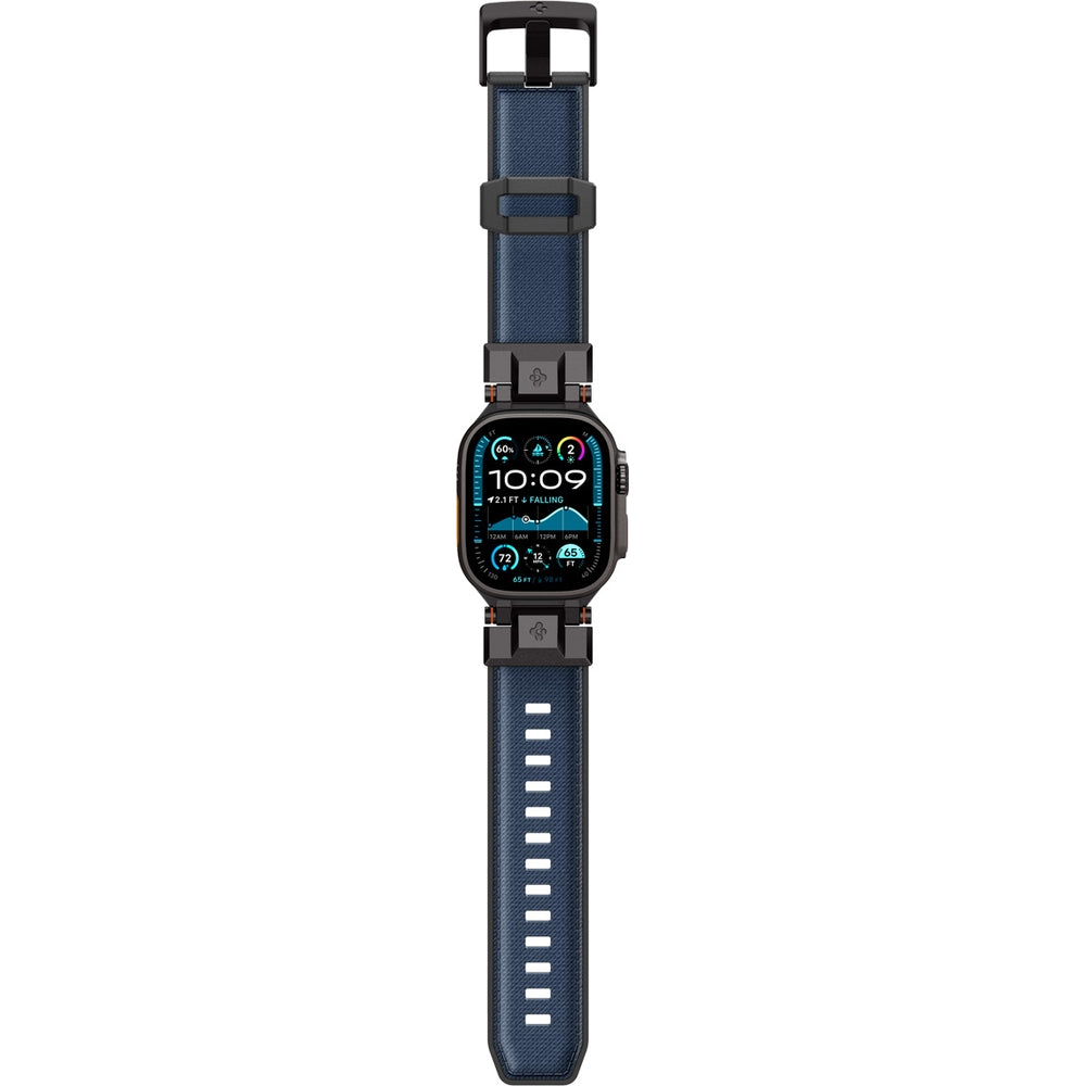 Blaues Spigen DuraPro Armor Armband für Apple Watch, geeignet für Größen 49/46/45/44 mm, robustes Design mit TPU und Nylon, Metallverbindungen.