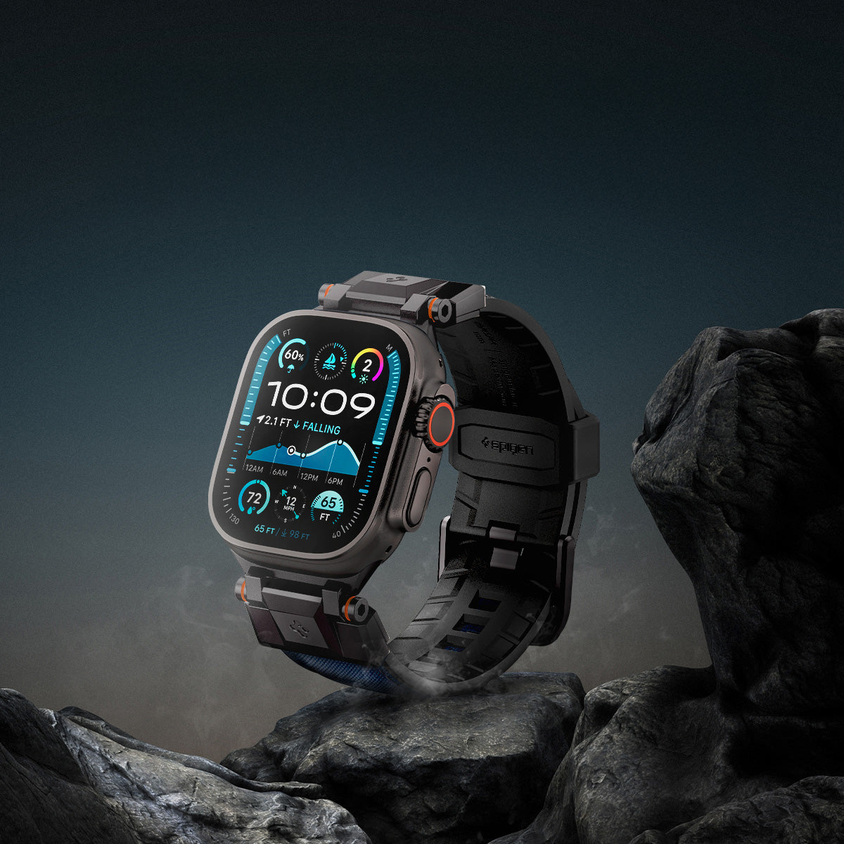 Spigen DuraPro Armor Armband für Apple Watch, Blau, robustes Design aus TPU und Nylon, gezeigt auf felsigem Hintergrund.