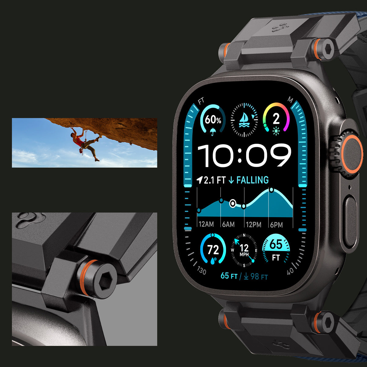 Spigen DuraPro Armor Armband für Apple Watch in Blau, aus haltbarem TPU und Nylon, mit metallischen Verbindungen und Schließe.