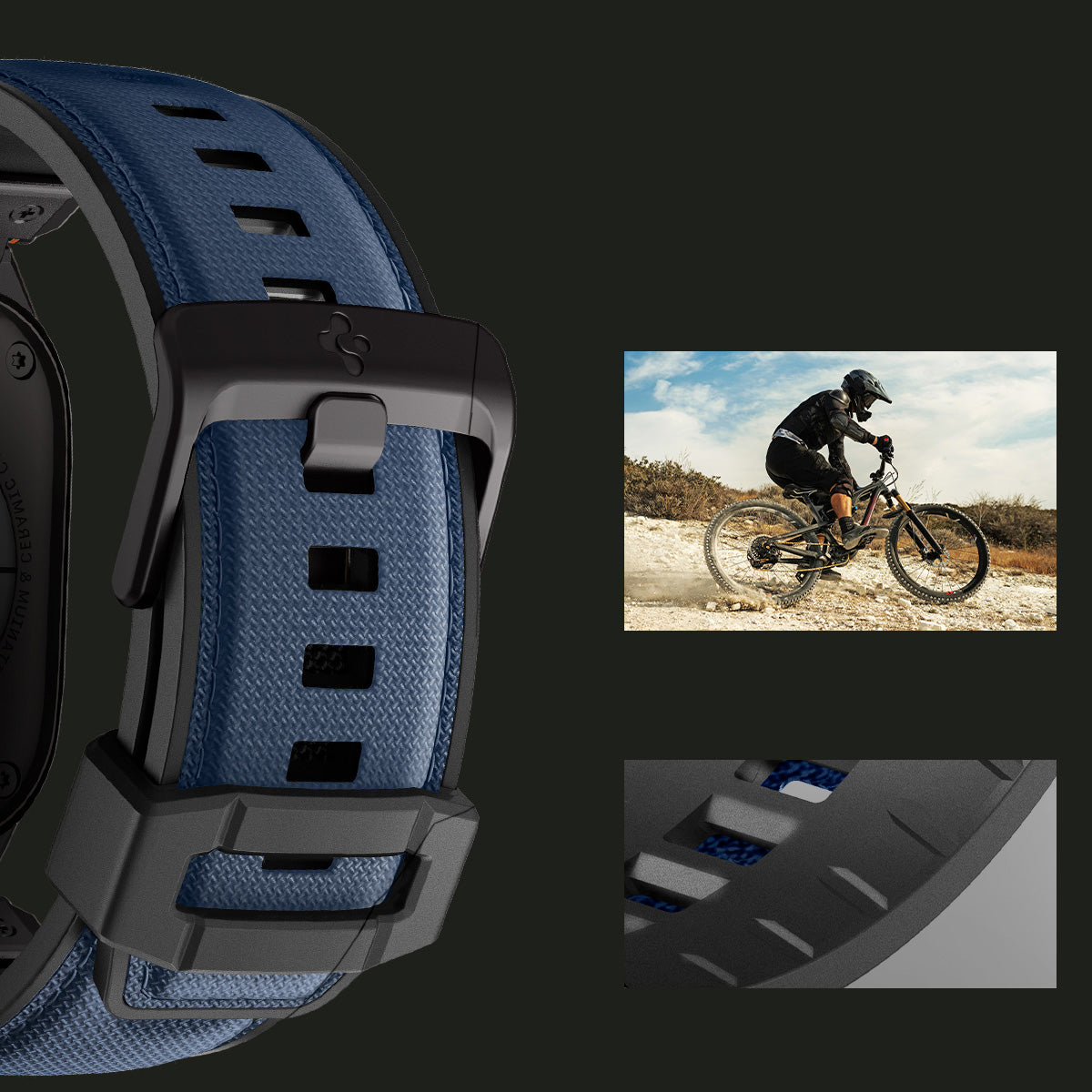 Armband Blau Spigen DuraPro Armor für Apple Watch, robustes Design aus TPU und Nylon, ideal für Outdoor-Aktivitäten, mit Mountainbiker im Hintergrund.