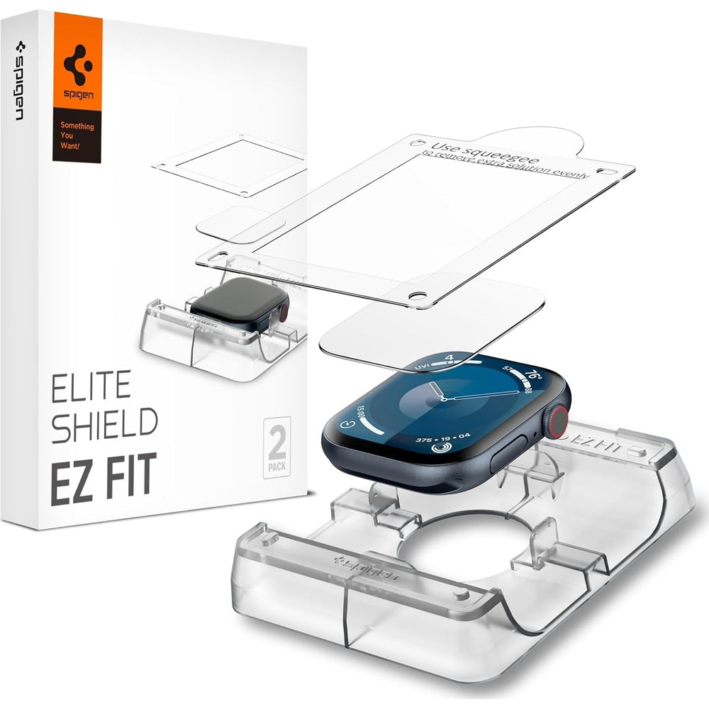 Hybridglas + Applikator für Apple Watch 10 46 mm, Spigen Elite Shield EZ Fit 2-Pack, Transparent