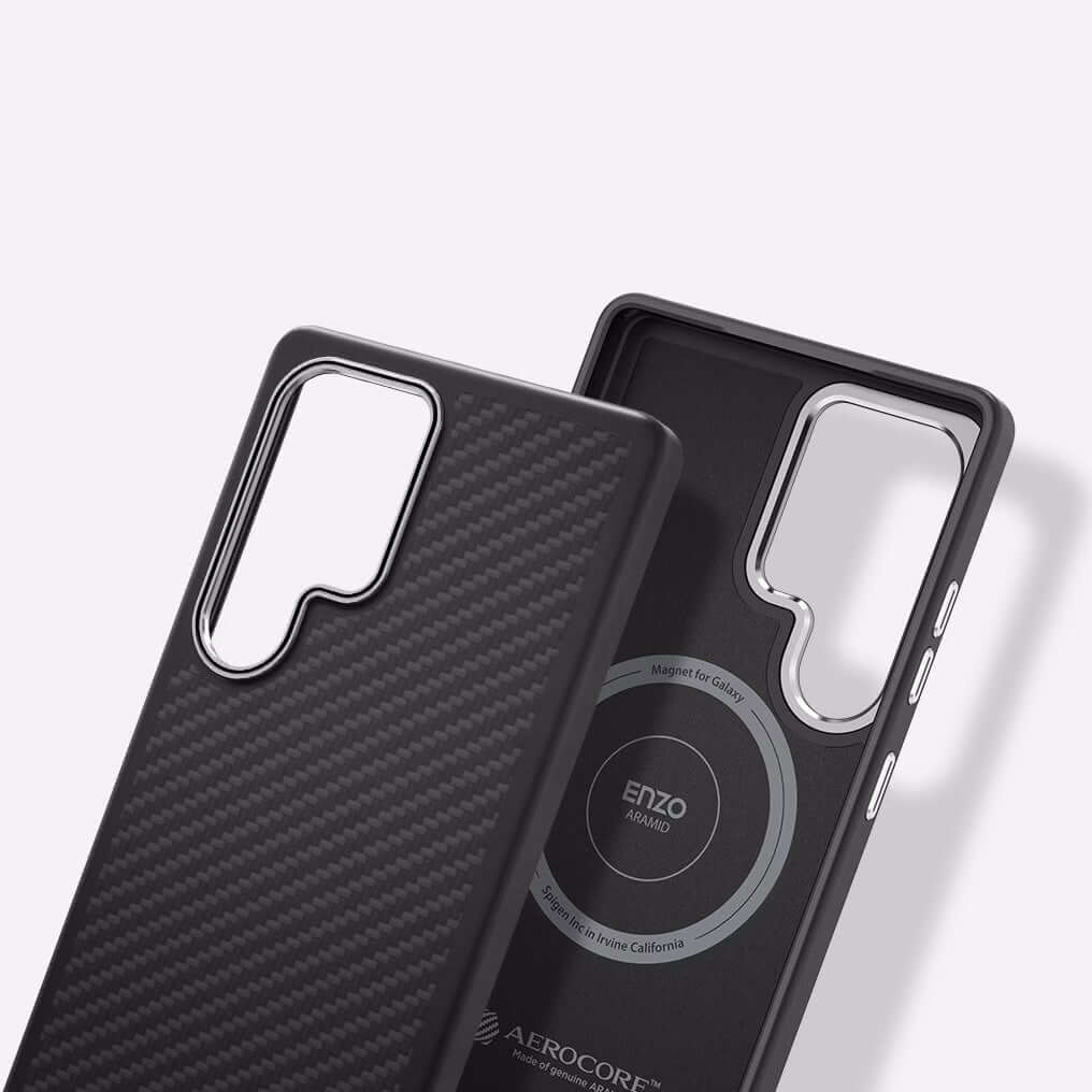 Magnetische-Handyhülle für Galaxy S25 Ultra, Spigen Enzo Aramid, Schwarz-Silbern