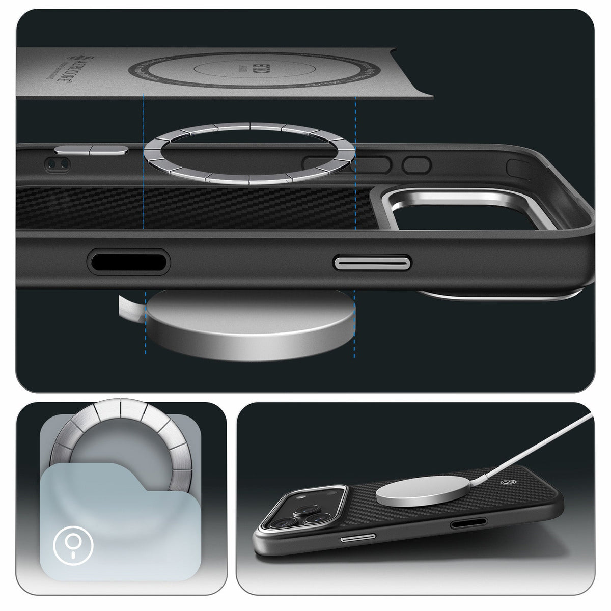 Handyhülle für iPhone 18 Pro / 17 Pro, Spigen Enzo Aramid T Mag (CC) mit MagSafe, Schwarz-Silbern