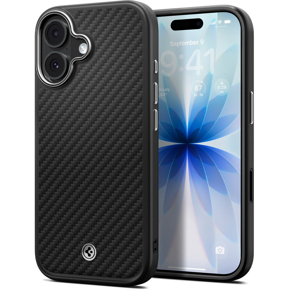 Handyhülle für iPhone 17, Spigen Enzo Aramid T Mag (CC) mit MagSafe, Schwarz-Silbern